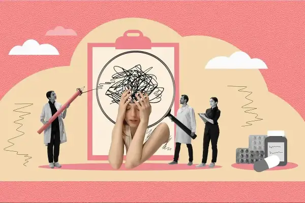 Stygmatyzacja zdrowia psychicznego. Kobieta zdezorientowana, lekarze analizują jej stan, a obok leki.