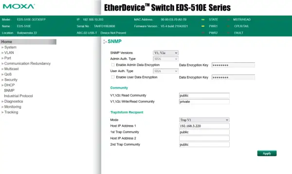 Konfiguracja SNMP dla urządzenia EtherDevice™ Switch EDS-510E. Ustawienia wersji, uwierzytelniania i społeczności SNMP.