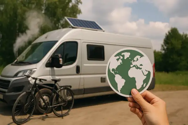 En hand håller upp en jordglob framför en vit husbil med solpanel. En cykel står parkerad bredvid. Hela scenen andas frihet och van life.