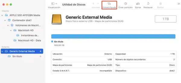 El disco duro externo "Generic External Media" no detecta el disco, aparece como "Incompatible" en Utilidad de Discos.