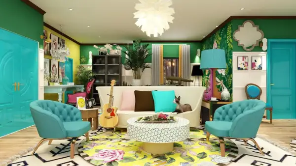 A vibrant, eclectic living room in a friends apartment, featuring teal chairs, a white sofa with colorful pillows, a guitar, and a cat lounging.