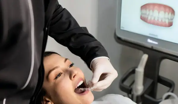 Dentysta pomaga pacjentce z kruche zęby jak wzmocnić, zakładając jej przezroczysty aparat ortodontyczny. Na ekranie widać wizualizację uzębienia.