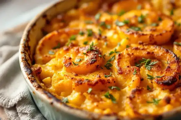 Un délicieux gratin de butternut aux rondelles dorées et persil frais, servi dans un plat en céramique.
