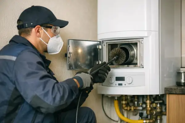 Technicien masqué effectuant le ramonage d'une chaudière à gaz avec une brosse.