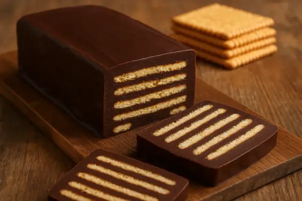 Schokoladenkuchen mit Butterkeksen, ein klassisches Kalter Hund DDR Rezept.