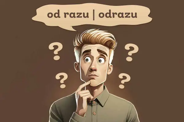 Zamyślony mężczyzna z pytajnikami wokół głowy zastanawia się, czy coś zrobić od razu, czy od razu.