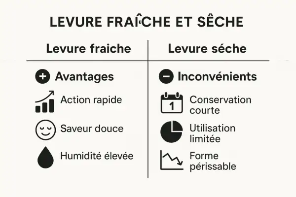 Comparaison levure fraîche et sèche : avantages (action rapide, saveur douce, humidité élevée) et inconvénients (conservation courte, utilisation limitée, forme périssable).