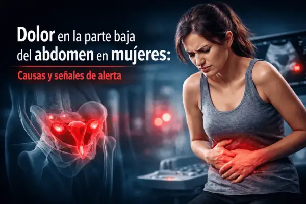 Mujer con dolor abdominal bajo, mostrando la zona afectada. Ilustración de órganos pélvicos en rojo.