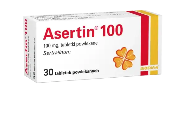 Opakowanie leku Asertin 100 mg, zawierającego sertralinę, stosowanego w leczeniu depresji i innych schorzeń. Zoloft to nazwa handlowa tego typu leku.
