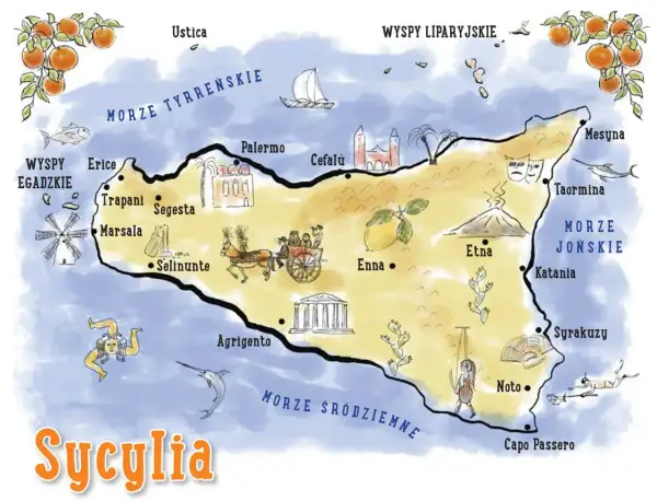 Mapa Sycylii z zaznaczoną Etną, Palermo, Taorminą i innymi atrakcjami. Widać też morza otaczające wyspę.