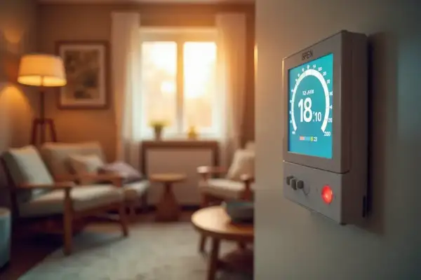 Termostat pokazuje 18 stopni. Idealna jaka temperatura na grzejniki, by cieszyć się komfortem w przytulnym salonie.