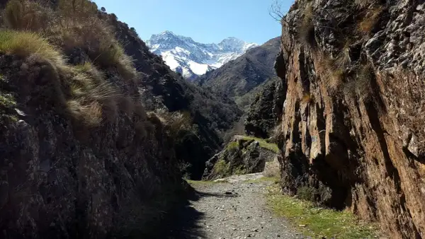 Camino de grava entre rocas altas, con pastos secos y montañas nevadas al fondo. Un sendero que parece la vereda de la estrella.