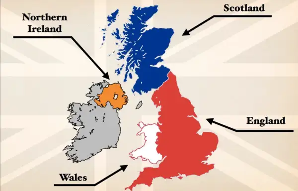 Mapa del **UK** que es: Escocia (azul), Inglaterra (rojo), Gales (blanco) y la Irlanda del Norte (naranja).