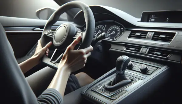Mani sul volante di un'auto moderna. Il cruscotto è visibile, con cambio automatico e display. Chissà quanto tempo ho per fare la revisione prima di doverla portare dal meccanico.