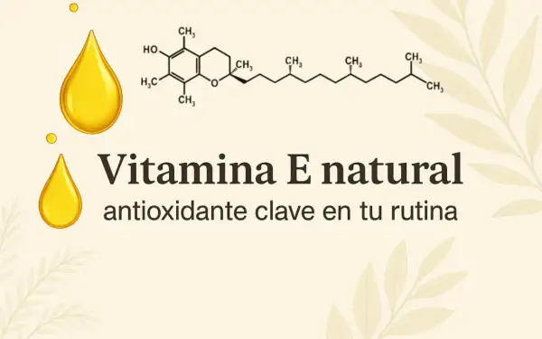 Gota dorada y fórmula química de la vitamina E. "Vitamina E natural, antioxidante clave en tu rutina" resalta su uso cosmético.