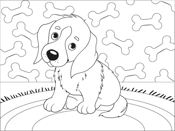 Lindos dibujos de perritos para imprimir, listos para colorear. Un tierno cachorro sentado entre huesos.