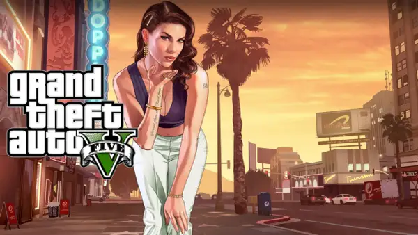 Kobieta w stylu retro posyła całusa na tle miasta. Logo Grand Theft Auto V sugeruje datę wydania gry.
