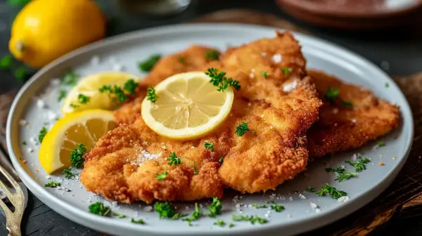 Goldbraunes Wiener Schnitzel, garniert mit Zitronenscheiben und Petersilie, auf einem grauen Teller.