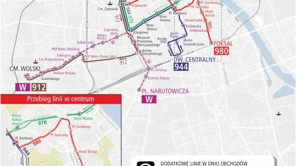 Mapa Warszawy z zaznaczonymi trasami autobusów 912, 944, 970 i 980.