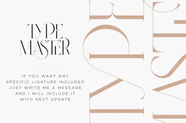 Elegant typography showcasing "TYPE MASTER" with custom ligatures in Illustrator. Text invites users to request specific ligatures for future updates.