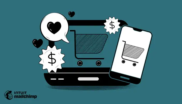 Iconos de carrito de compras, corazones y signos de dólar sobre un portátil y un teléfono, representando el éxito del ecommerce content marketing.