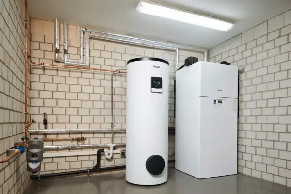 Nowoczesny zasobnik do pieca gazowego marki Vaillant obok kotła. Instalacja grzewcza w kotłowni.