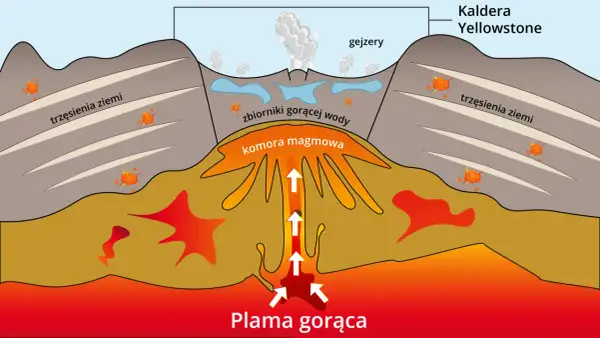 Schematyczny przekrój przez kalderę Yellowstone. Widać plamę gorącą, komorę magmową, zbiorniki gorącej wody, gejzery, trzęsienia ziemi i wulkaniczne erupcje.