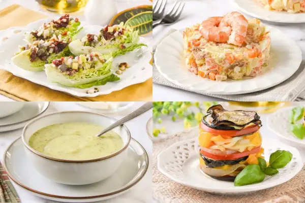 Cuatro deliciosos primeros platos: ensalada de lechuga, ensaladilla rusa con gamba, crema de verduras y torre de verduras asadas.