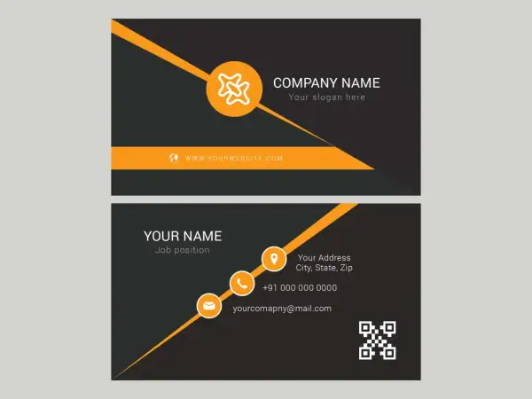 Modern business card template illustrator design with orange accents. Includes company name, website, and contact details.