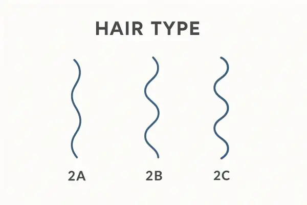 Tres tipos de pelo ondulado: 2A, 2B y 2C, mostrando la diferencia en la forma de las ondas.