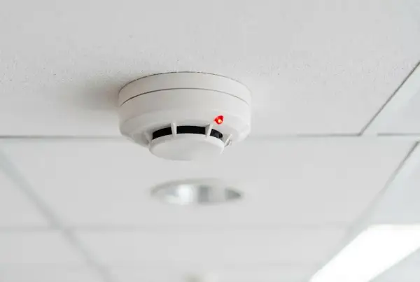 Détecteur de fumée blanc sur un plafond blanc, avec un voyant rouge allumé, suggérant un détecteur qui se déclenche tout seul.