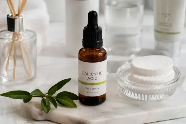 Serum z kwasem salicylowym 2% do twarzy, obok waciki i zielona gałązka.