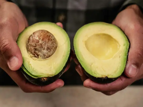 Dłonie trzymają połówki awokado. Jedna z nich ma pestkę, druga jest pusta. Idealne do guacamole, gdy wiesz, jak zmiękczyć awokado.