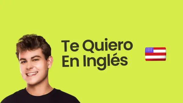 Joven sonriente con texto "Te Quiero En Inglés" y bandera de EE.UU.