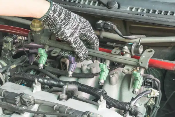 Main d'un mécanicien ganté manipulant le rail d'injection pour tester injecteur diesel.