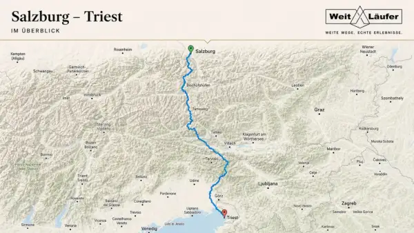 Karte zeigt die Route von Salzburg nach Triest, ideal für fernwanderwege in Frankreich.