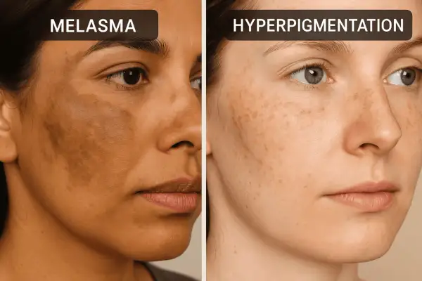 Vergleich von Melasma im Gesicht mit diffuser Hyperpigmentierung.
