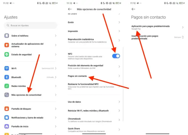 Ajustes de Android para activar NFC y configurar pagos sin contacto con Google Pay.