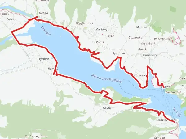 Trasa velo Dunajec wokół Jeziora Czorsztyńskiego, prowadząca przez malownicze tereny z widokiem na Dunajec.