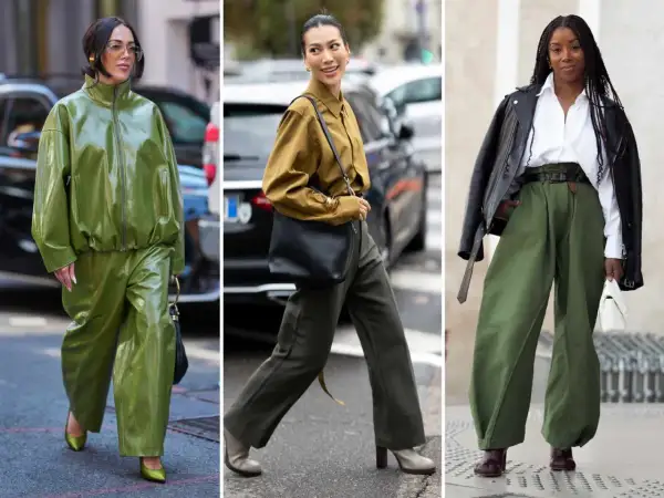 Oliwkowe spodnie damskie w trzech odsłonach: błyszczący total look, elegancka koszula i szerokie nogawki, skórzana kurtka i luźne spodnie.