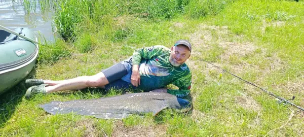 Szczęśliwy wędkarz z potężnym sumem złowionym w zbiorniku Nielisz. Obok łódka i wędka.