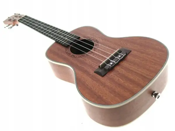 Brązowe ukulele instrument z czterema strunami, ozdobnym rozetą wokół otworu rezonansowego i białym bindingiem.