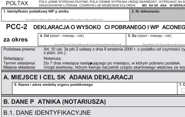 Deklaracja PCC-2 o wysokości pobranego podatku od czynności cywilnoprawnych, np. podatek od zakupu nieruchomości.