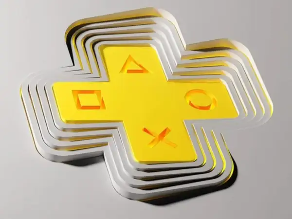 Złoty symbol PlayStation Plus z przyciskami, warstwowo ułożony, zapowiada gry na marzec.