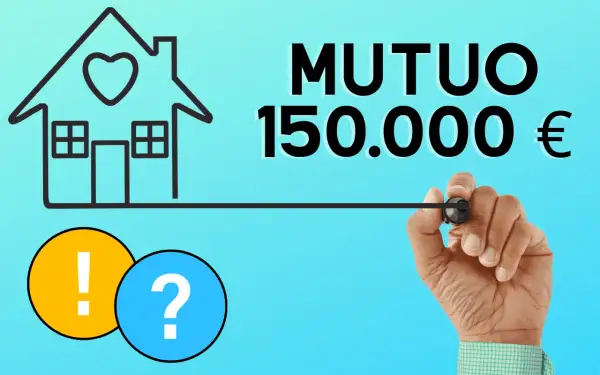 Casa con cuore, testo "MUTUO 150.000 €", punto interrogativo e esclamativo.