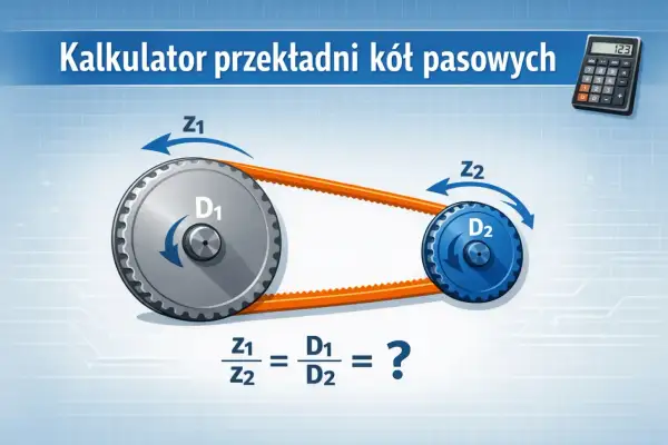 Ilustracja pokazuje przekładnię pasową z kołami o średnicach D1 i D2 oraz liczbie zębów Z1 i Z2. Obok znajduje się kalkulator, sugerujący obliczenia przełożenia.