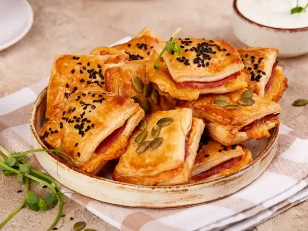Pizzerinki z ciasta francuskiego, posypane czarnuszką i pestkami dyni, ułożone na talerzu. Idealne na przekąskę.