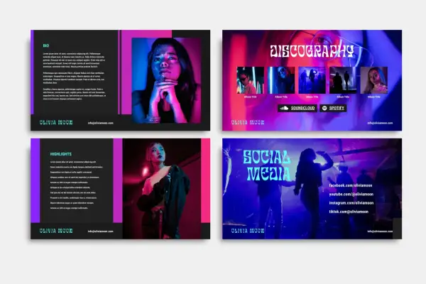 Electronic press kit for musicians, featuring discography, highlights, and social media links for Olivia Moon.