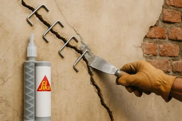 Réparation d'une fissure avec une résine époxy. Un artisan utilise une spatule pour appliquer le produit sur le sol d'un salon.