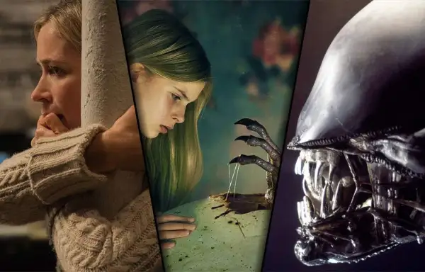 En kvinna gömmer sig, en flicka möter ett monster, och en ikonisk Xenomorph från monstret film.